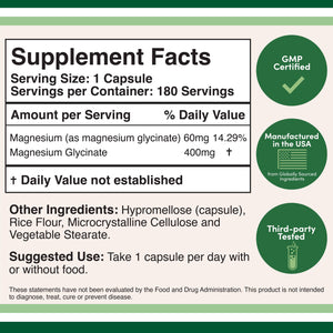 Magnesium Glycinate 400mg, 180 capsules